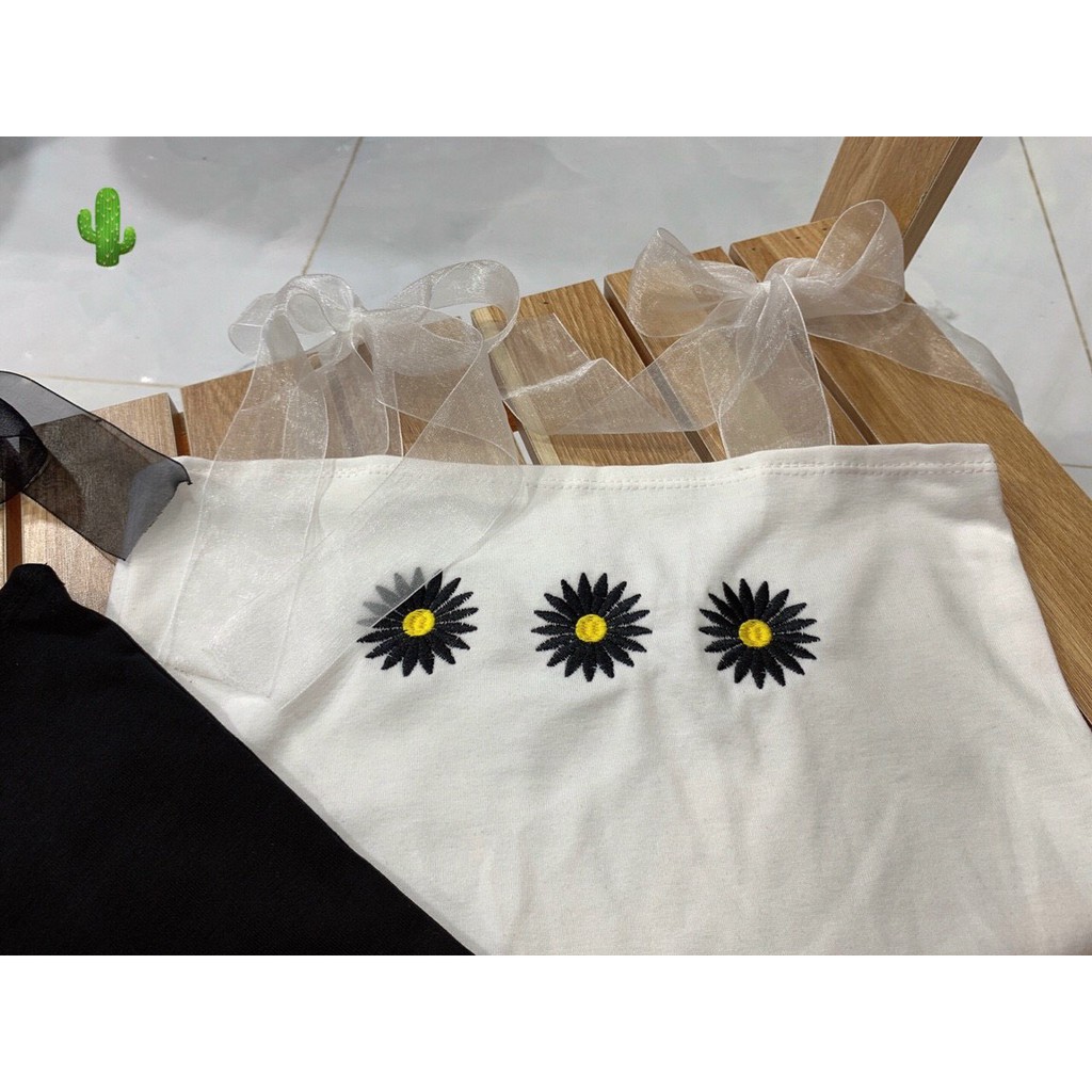 Áo 2 dây ruy băng xinh tiểu thư thêu hoa cúc pc