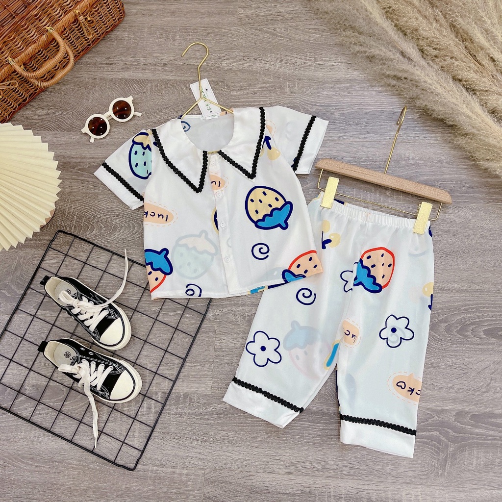 Bộ pijama lửng lụa mềm mát cho bé gái - Bộ đồ ngủ hai màu xanh hồng cho bé từ 10 đến 29 kg