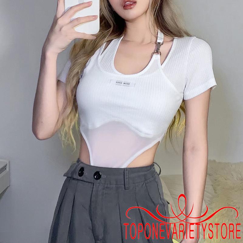 TOPQ-Women Short Sleeve Korean Style Bodysuit with Halter Buckle Letter Pattern Skinny Version Summer Clothing | BigBuy360 - bigbuy360.vn