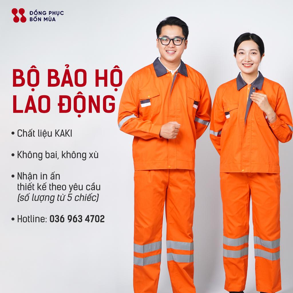 Quần áo bảo hộ lao động thương hiệu Dongphucbonmua chất vải kaki 3/1 phối màu dày dặn, bền bỉ, thoáng mát khi sử dụng