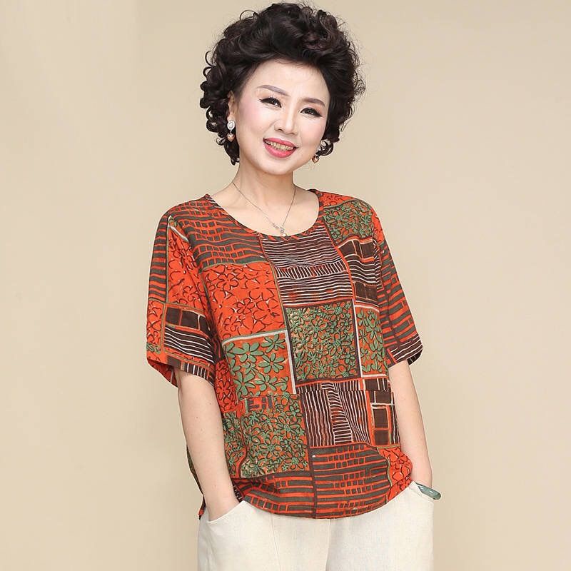 Áo thun tay ngắn dáng rộng in họa tiết thời trang cho phụ nữ trung niên