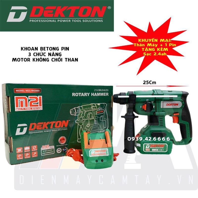 Máy Khoan Bê Tông Dùng Pin Dekton M21-RH2603 - 3 Chức Năng - Motor Brushless - Chân Pin Phổ Thông - Tặng Sạc