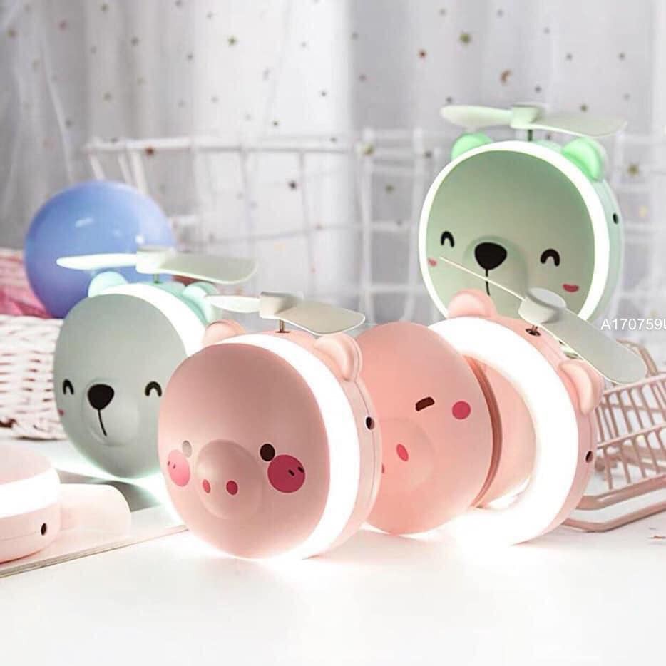 Quạt mini cầm tay lợn hồng, gấu xanh kèm gương và đèn LED siêu dễ thương