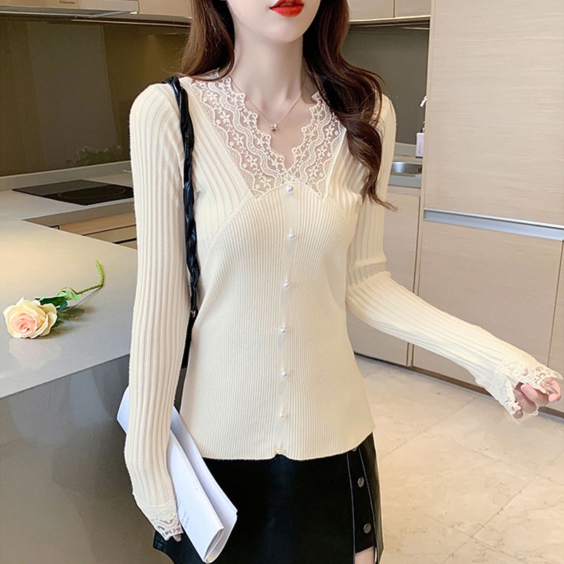Áo sweater dệt kim cổ chữ v phối ren thiết kế trang nhã cho nữ
