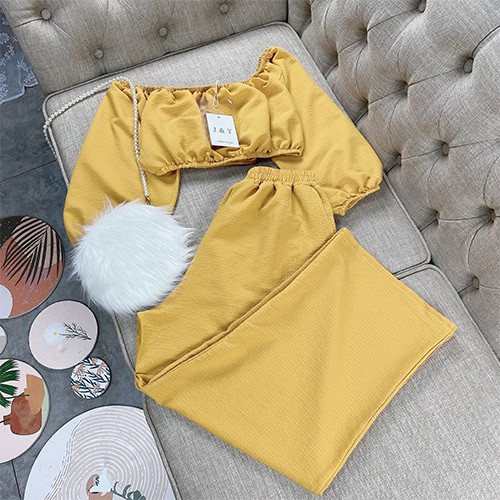 Set bộ đồ nữ áo trễ vai croptop phối quần ống sớ