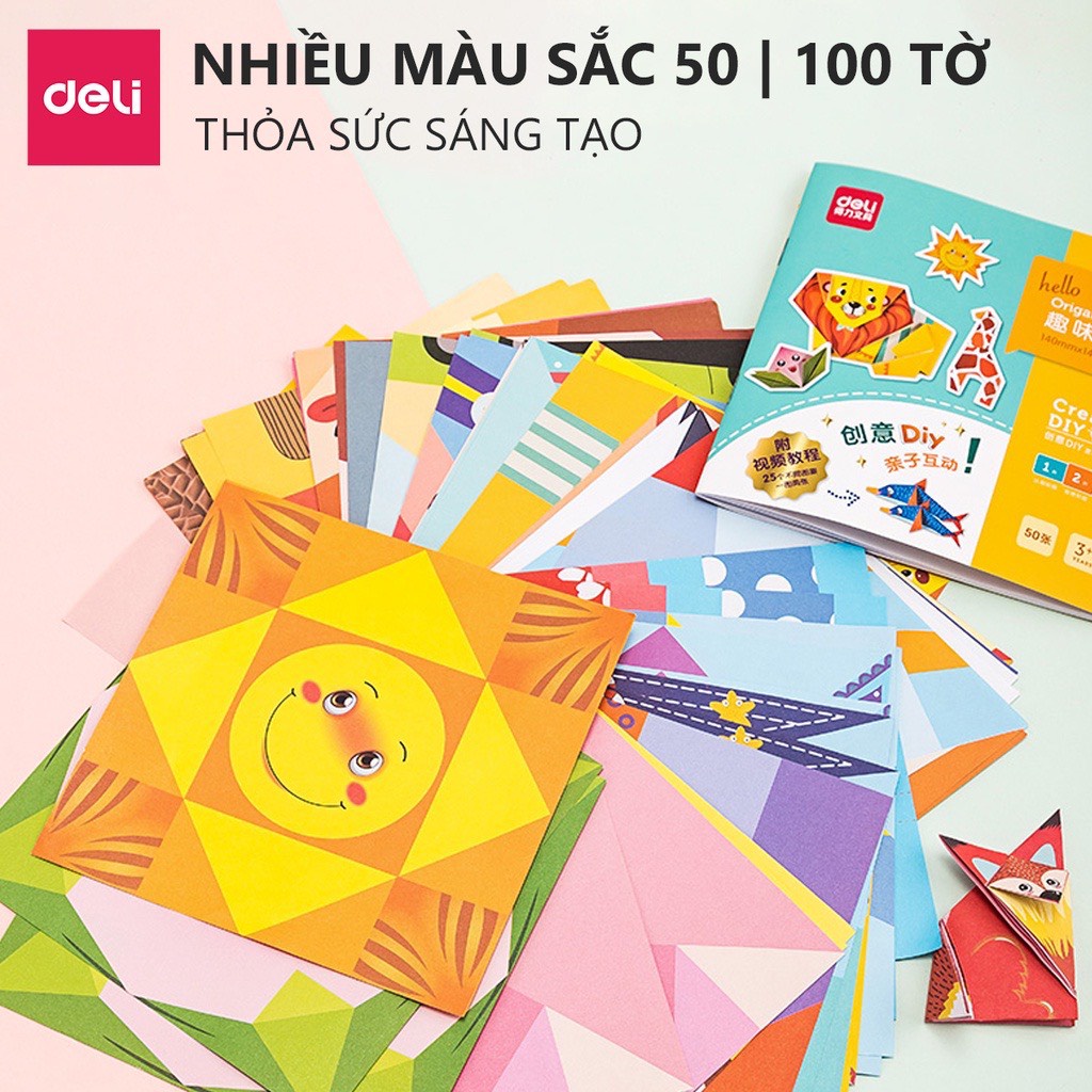 Bộ 50/100 tờ giấy thủ công origami Deli - In sẵn họa tiết kèm sách hướng dẫn, rèn luyện sự khéo léo cho bé - 74817/74818