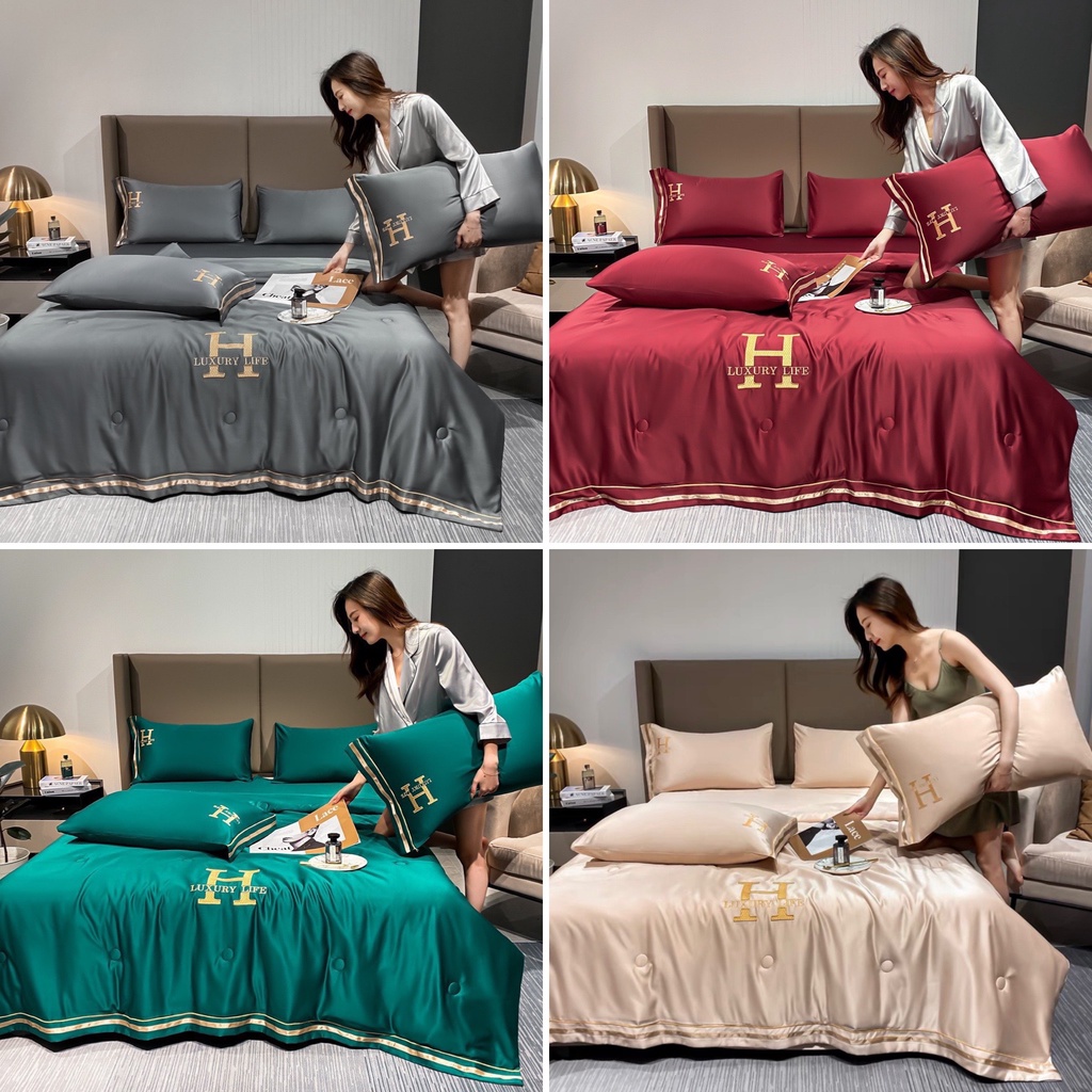 Bộ chăn ga gối phi lụa thêu chữ H gồm chăn đã được chần bông ga giường và 2 vỏ gối nằm