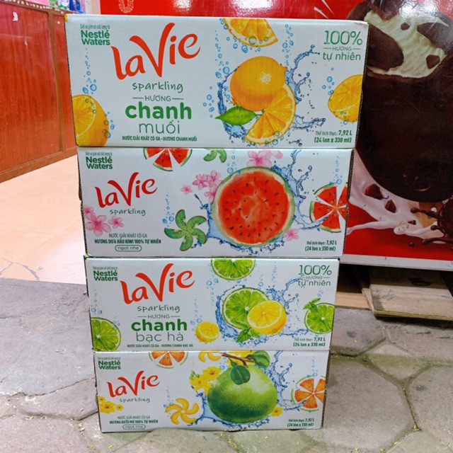 Thùng 24 Lon Nước giải khát có gas LaVie Sparkling hương Chanh bạc hà / Dưa Hấu kiwi/ Bưởi Mơ/Chanh muối 330ml