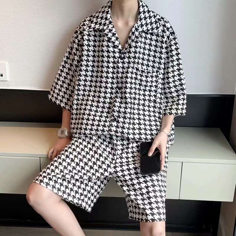 Set 2 món gồm áo sơ mi và quần short họa tiết houndstooth trắng đen phong cách Hàn Quốc thời trang mùa hè dành cho nam