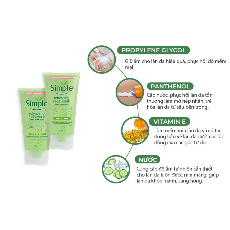 Sữa rửa mặt Simple giảm mụn cho da mụn dịu nhẹ tạo bọt 150ml - RM02