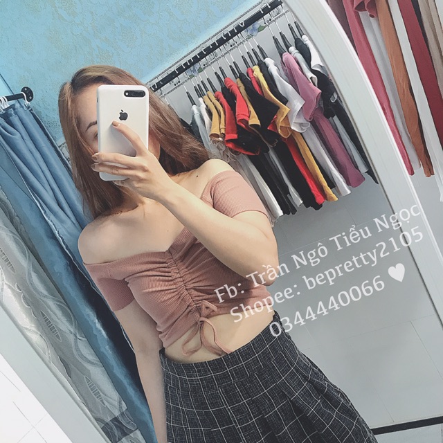 Áo croptop bẹt vai dây rút tay ngắn | BigBuy360 - bigbuy360.vn