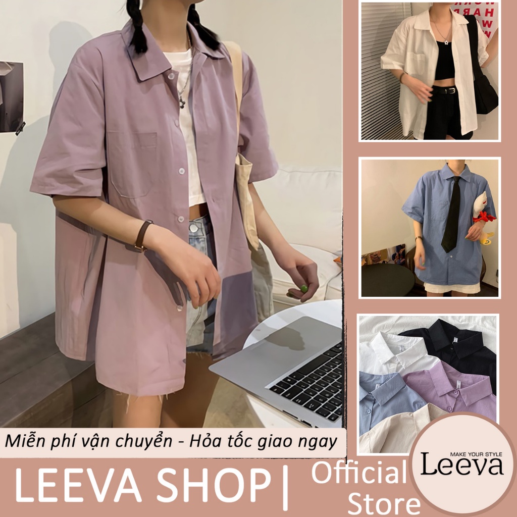 LEEVA - Áo sơ mi nữ nhung lì trơn phối túi tay ngắn đơn giản A220