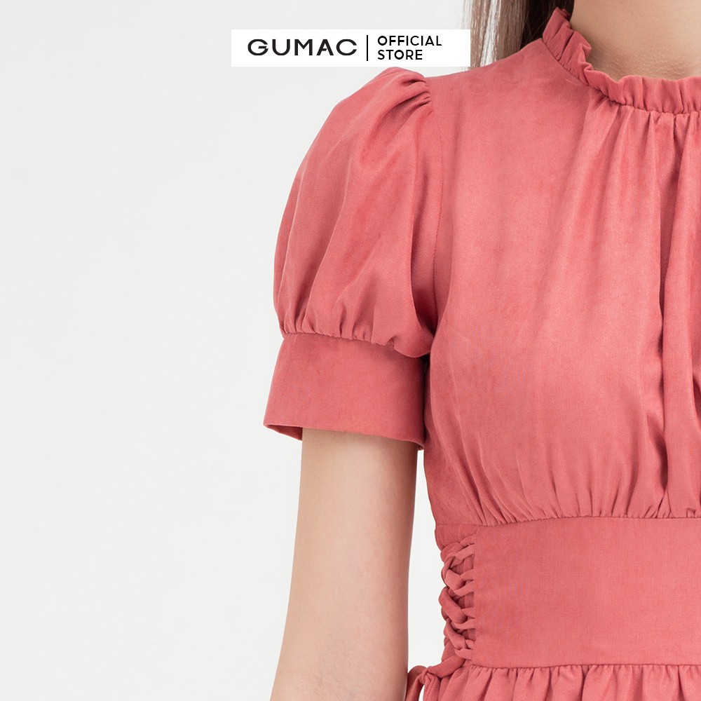 [Mã WABRGU155 giảm 15% tối đa 50k đơn 199k] Đầm xòe nữ đan eo nhún cổ GUMAC màu hồng phong cách vintage DB423 | BigBuy360 - bigbuy360.vn