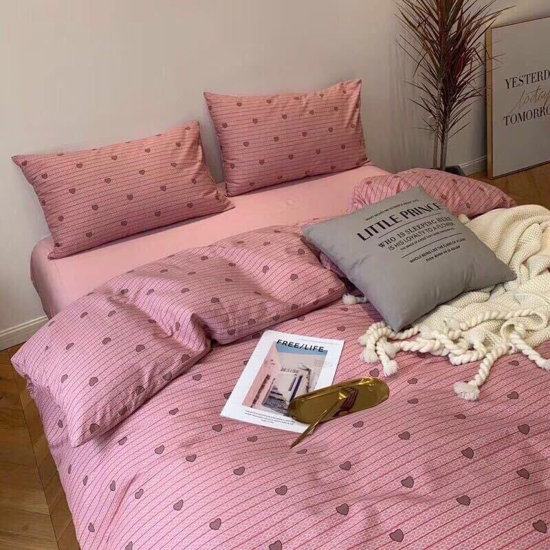 Bộ ra trải giường 1m6 1m8 x 2m tim hồng⚡️1 drap nệm kèm 2 vỏ gối nằm 45 x 65 cm- CAISHOPQUEN | BigBuy360 - bigbuy360.vn