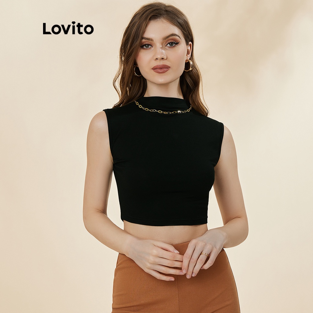 Áo sát nách Lovito thiết kế cổ đứng không tay trơn màu cơ bản L19D401 (màu đen)