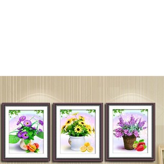 Tranh thêu chữ thập bình hoa 3 bức a1158, 102x40cm, chưa thêu