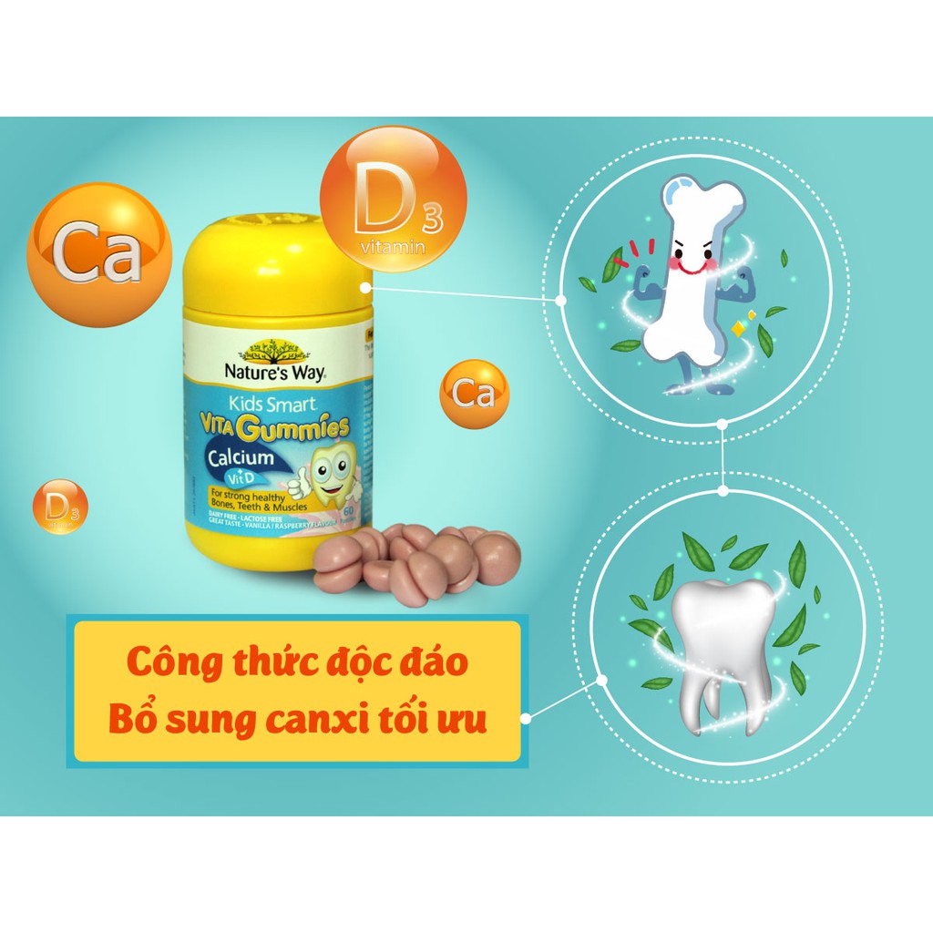 Nature’s Way Kids Smart Vita Gummies Calcium + Vitamin D Kẹo Dẻo Canxi Cho Bé Lọ 60 Viên