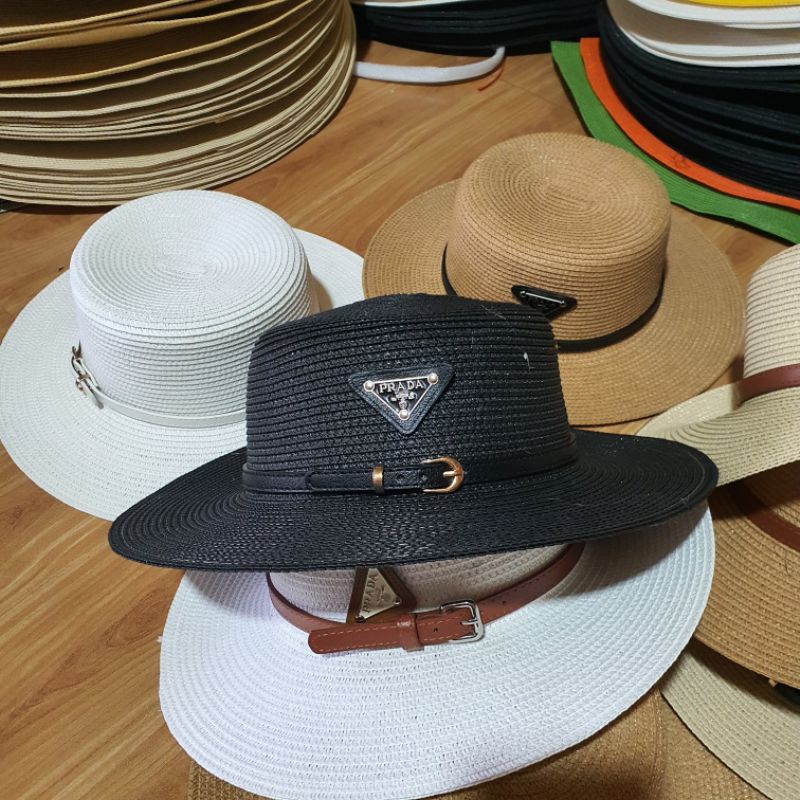 Mũ cói đi biển vành nhỏ đai da tag prada cao cấp siêu hot