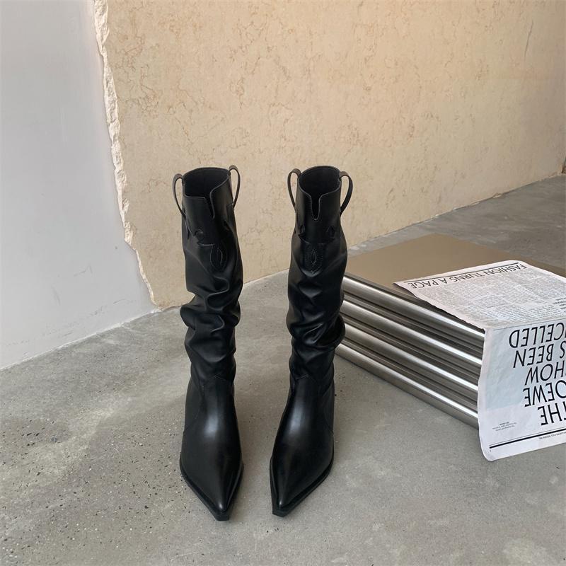 Giày Bốt Cao Bồi Cao Bồi Mũi Nhọn Xếp Ly Dày Dặn Phong Cách Cao Bồi Phương Tây Mẫu Mới 2022 Thời Trang Thu Đông Cho