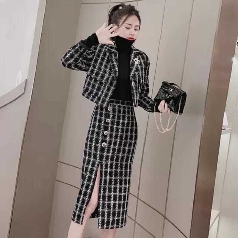 Set đồ dạ nữ áo khoác + chân váy phong cách hàn quốc mẫu mới chất đẹp mã RB02