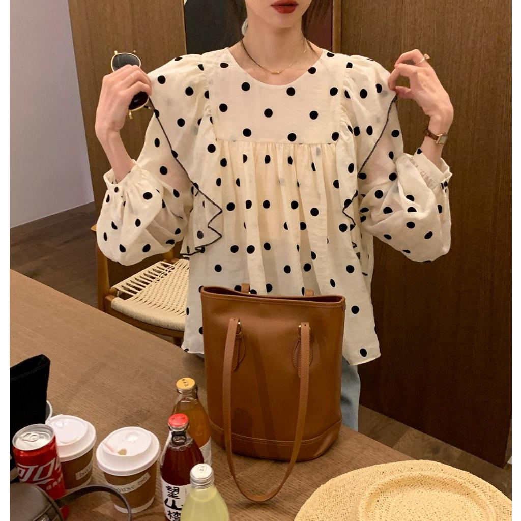 Áo Sơ Mi Chấm Bi Dài Tay Phong Cách Pháp Thời Trang Mùa Xuân Kiểu Mới 63014