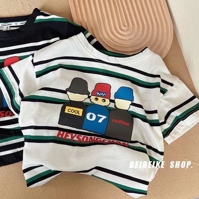 [Hàng Sẵn Sàng!!]Áo Thun Cotton Ngắn Tay Họa Tiết Hoạt Hình Kẻ Sọc Nhiều Màu Thời Trang Mùa Hè Cho Bé Trai