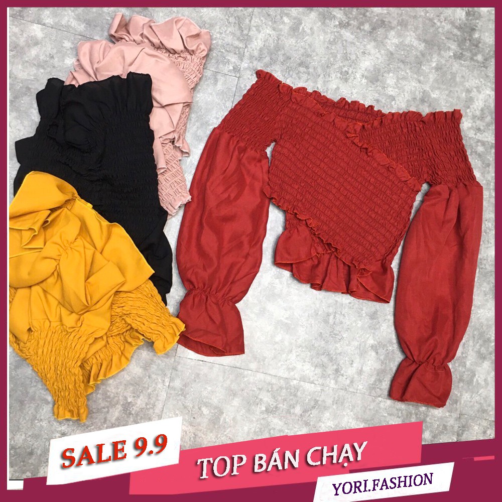 Áo Nhún Trễ Vai Tay Dài Cá Tính, Áo Nhún Đắp Chéo Tay Phồng Siêu Xinh K4455
