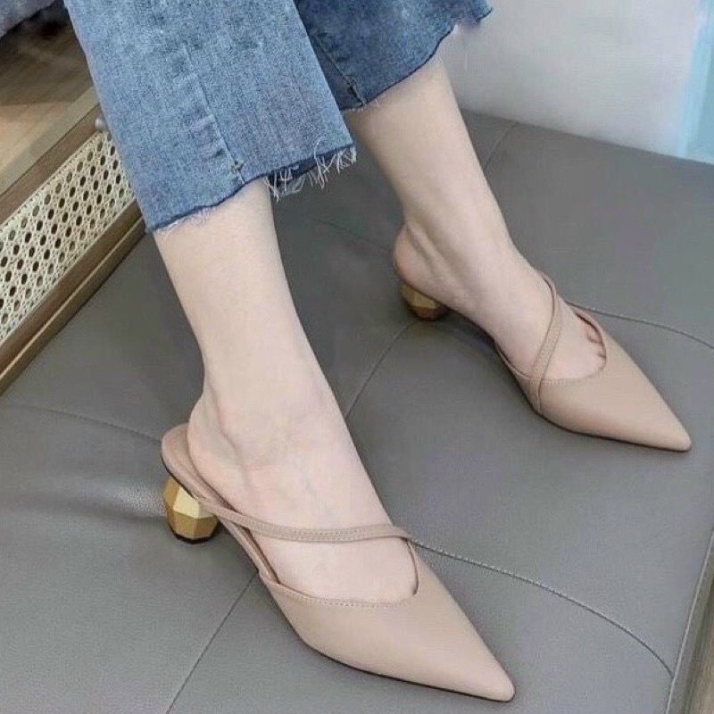 Guốc cao gót mũi nhọn dây chéo gót bọc vàng loại 1
