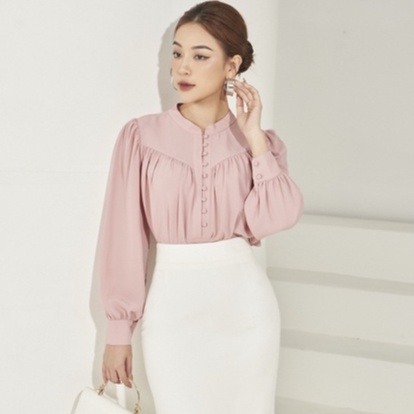 Áo Sơ Mi Nữ Cổ Tàu Cúc Bọc Thời Trang Công Sở Thanh Lịch Dáng Suông Thoải Mái By LEMIA Desgin - 22A203
