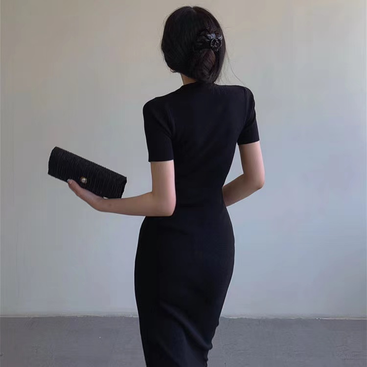 Đầm lửng SUXI dệt kim tay ngắn màu trơn ôm dáng thời trang mùa hè cho nữ