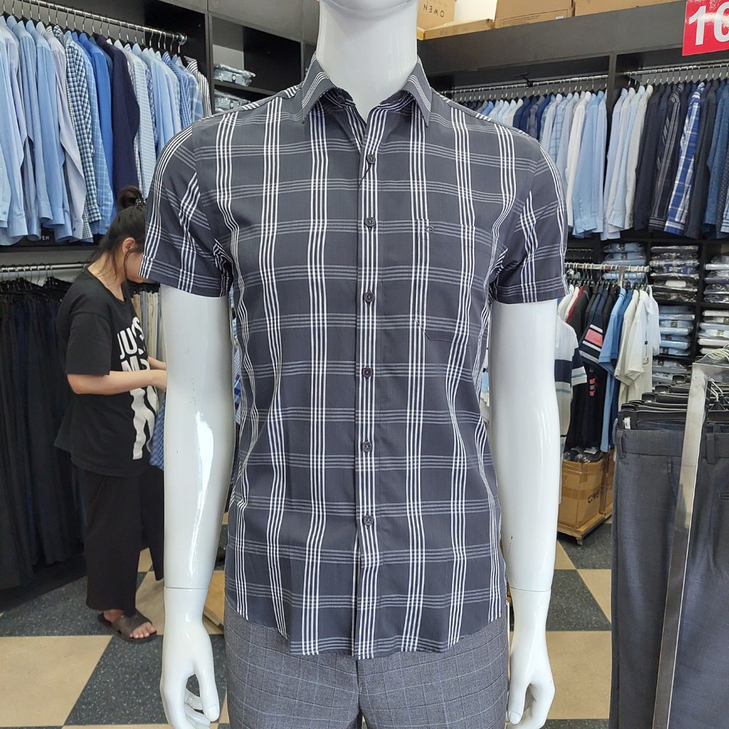 Áo Sơ Mi Nam Ngắn Tay Owen AR22684NT Somi Cộc Tay Công Sở Cao Cấp Kẻ Caro To Nâu Xám Chất Sợi Tre Regular Fit Tà Lượn