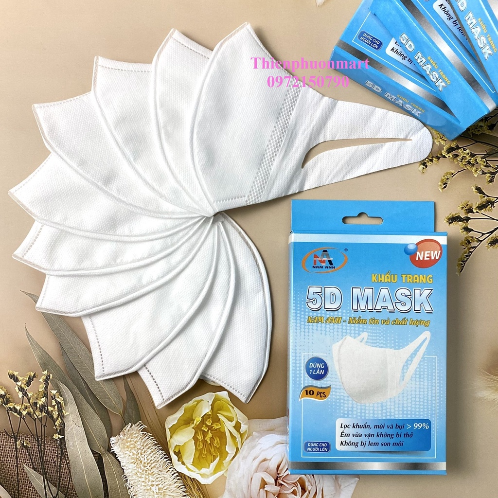 Khẩu Trang NAM ANH 5D DÂY VẢI Kháng Khuẩn 3 Lớp 10 Cái/ Hộp