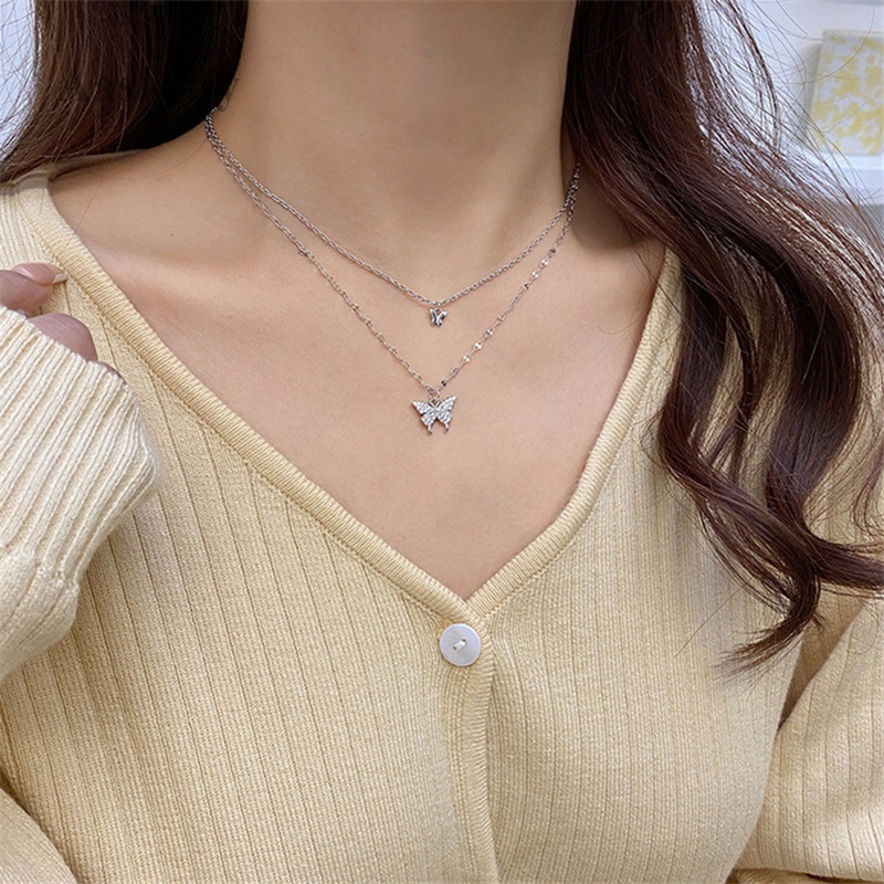 Vòng Cổ Choker Hai Lớp Bằng Bạc Mặt Hình Bướm Đính Đá Zircon Màu Sắc Ngọt Ngào Phong Cách Hàn Quốc Dành Cho Nữ