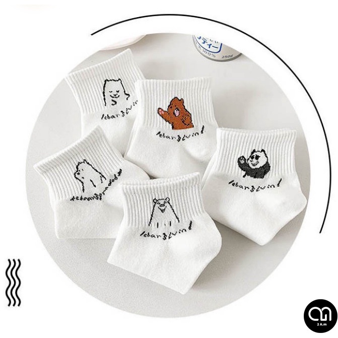 Tất Vớ Cổ Ngắn Nữ Tone Trắng Họa Tiết Gấu Thời Trang Unisex Hàn Quốc Xinh Vải Cotton