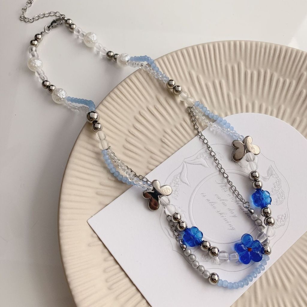 Vòng cổ Hai Lớp Trong Suốt Họa Tiết Hoa Và Bướm Phong Cách Harajuku Dễ Phối Đồ