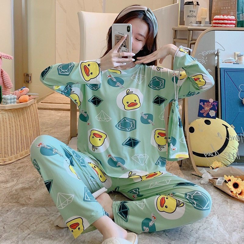 Set thun dài tay nữ nhiều họa tiết - Bộ đồ ngủ quần suông áo phông thu đông in hình bánh bèo pijama mặc ở nhà