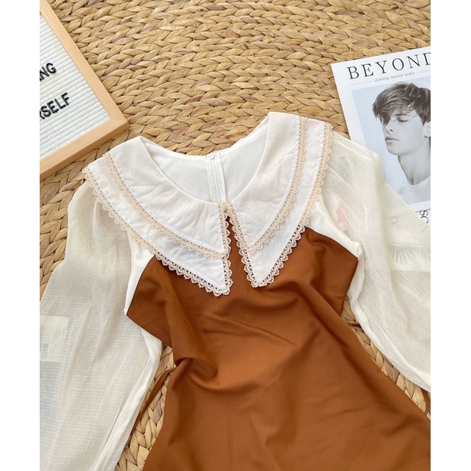 Đầm nâu phối voan tấm