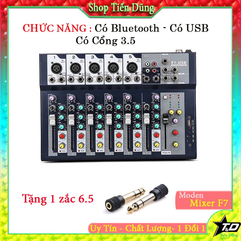 MIXER F7 USB CÓ BLUETOOTH hỗ trợ nguồn 48V livestream và karaoke kết nối nhiều mic cùng lúc Tặng Zắc chuyển đổi 6.5