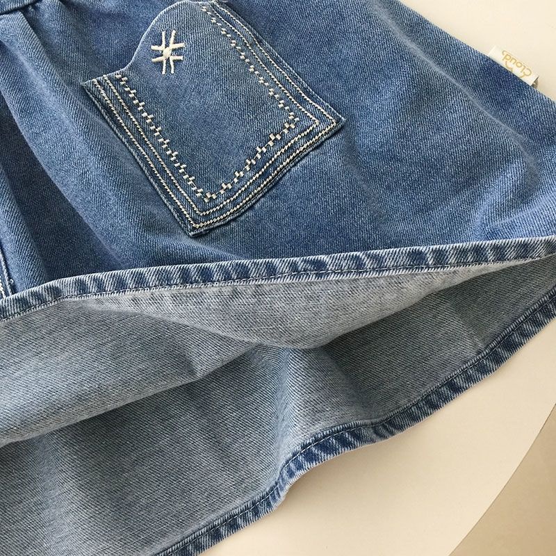 Đầm Yếm Denim Thêu Họa Tiết Phong Cách Nhật Hàn Thời Trang Cho Bé Gái