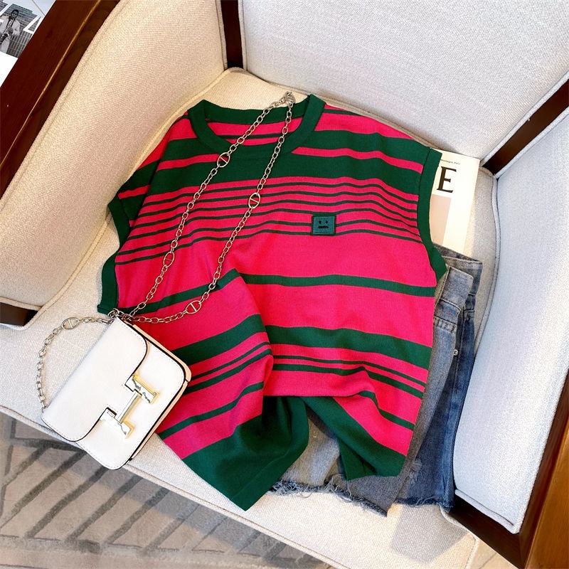 Áo sweater Sát Nách Cổ Tròn Dáng Suông Kẻ Sọc Ngang Màu Sắc Tương Phản Thời Trang Hè Cho Nữ