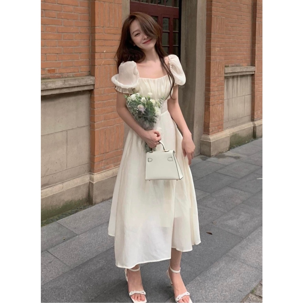 ĐẦM MIDI NUDE XẾP LY NGỰC TAY BÈO