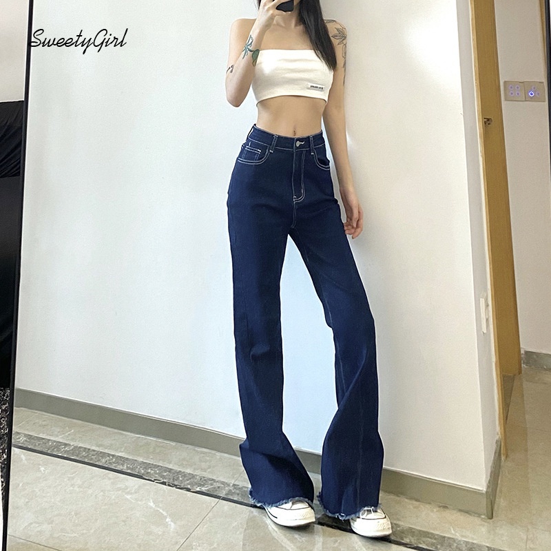 Quần Jeans Dài Ống Loe Lưng Cao Màu Trơn Thời Trang Cho Nữ