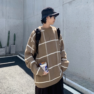 Áo sweater dệt kim kẻ sọc ca rô kiểu hồng kông cá tính cho nam size m-2xl