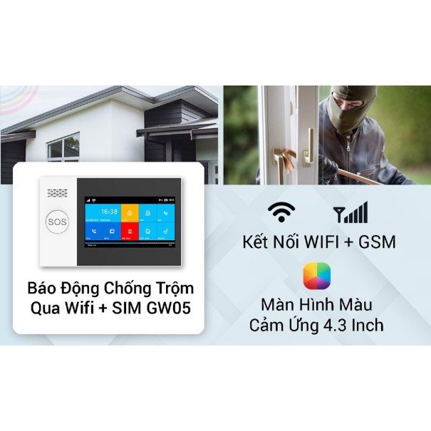 Bộ Báo Động Chống Trộm Qua WIFI + Sim GSM Màn Hình Màu Cảm Ứng