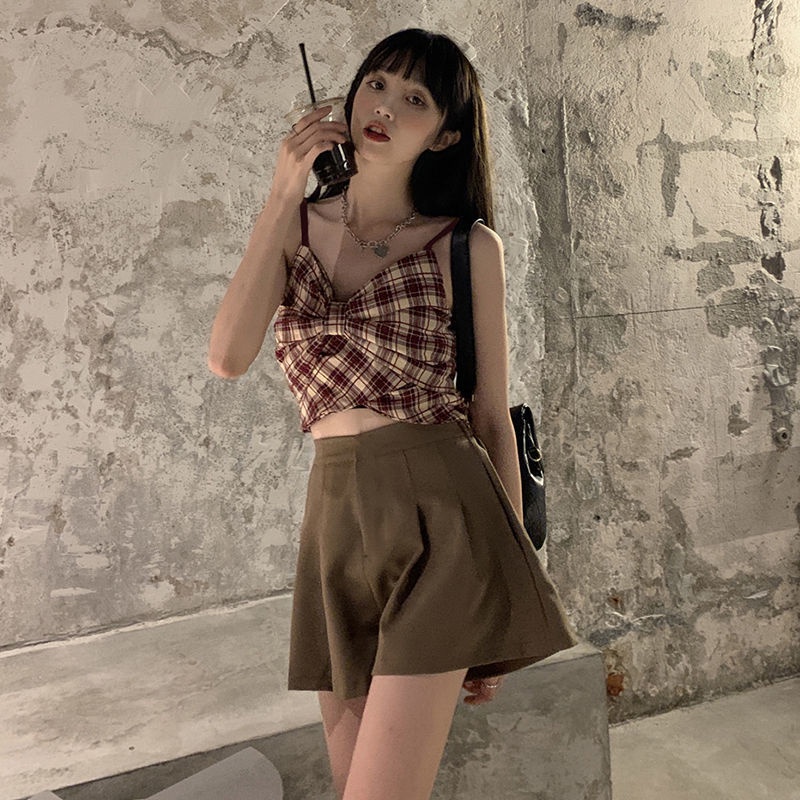 Jiashucheng Áo Croptop Hai Dây Xếp Ly Lưng Cao Thắt Nơ Họa Tiết Sọc Caro Thời Trang Mùa Hè