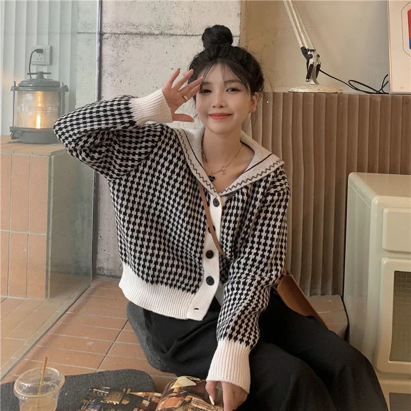 Áo Khoác cardigan Dệt Kim Cổ Chữ V Họa Tiết Sọc Caro Thời Trang Thu Đông