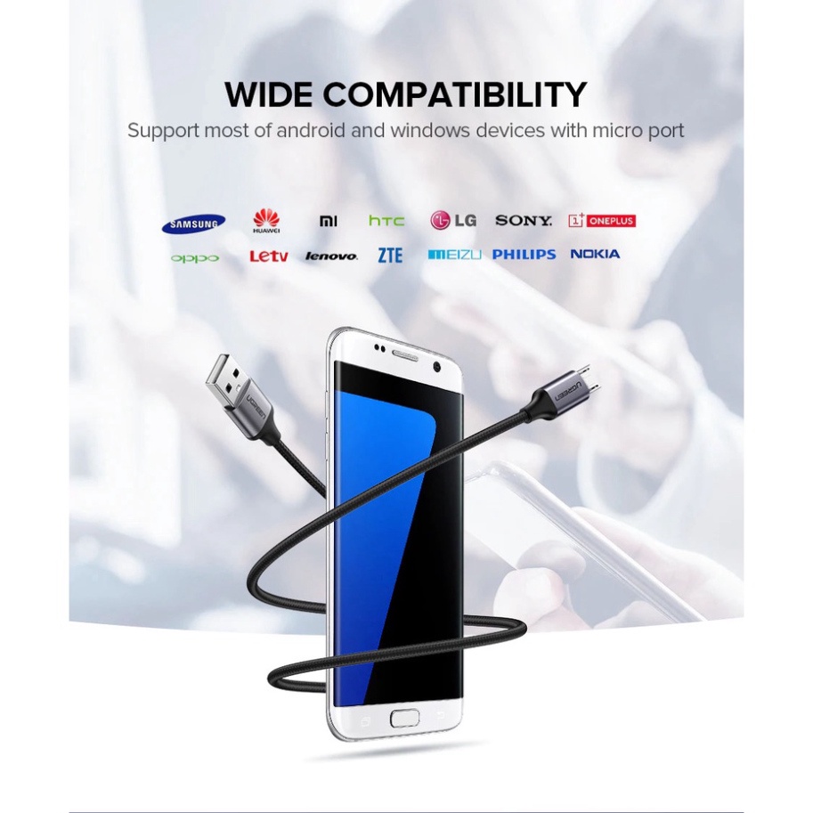 Cáp Sạc Nhanh 3A QC 3.0 Cổng Micro USB UGREEN US290 - Dây Bện Lưới BH 18T Chính Hãng