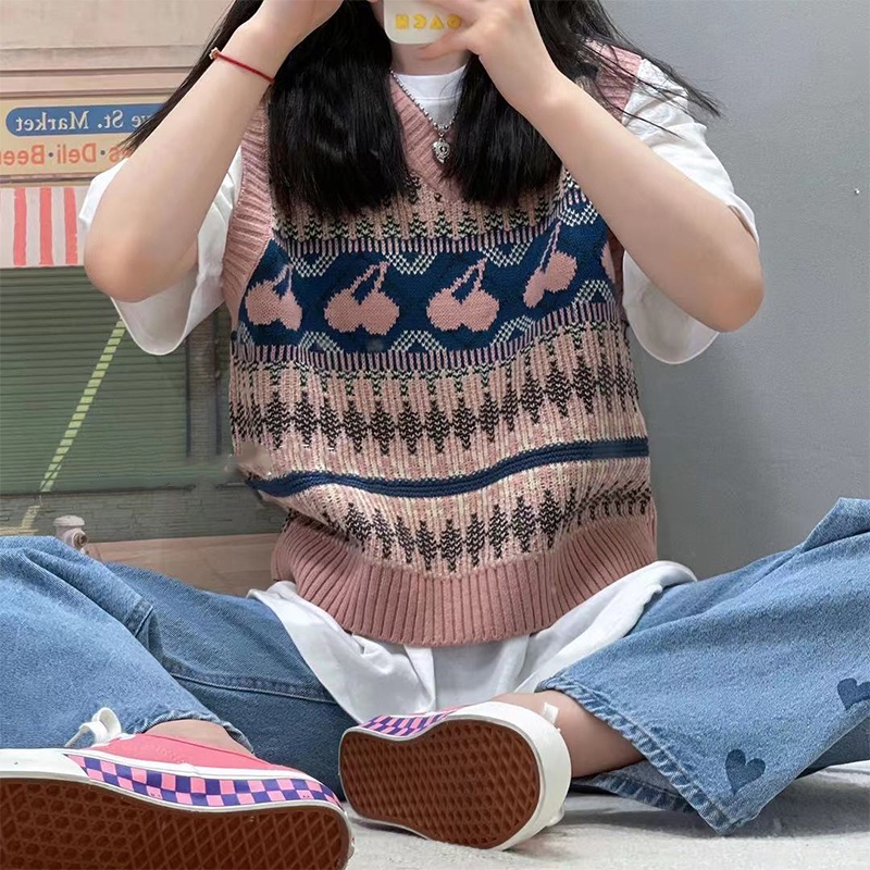 Áo sweater SUXI dệt kim không tay in hình quả cherry thời trang thu đông phong cách Hàn Quốc cổ điển cho nữ