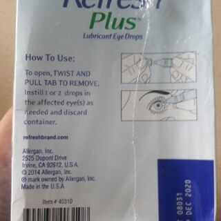 (Mua tại Mỹ) Nước nhỏ mắt nhân tạo Refresh Plus 100 tép