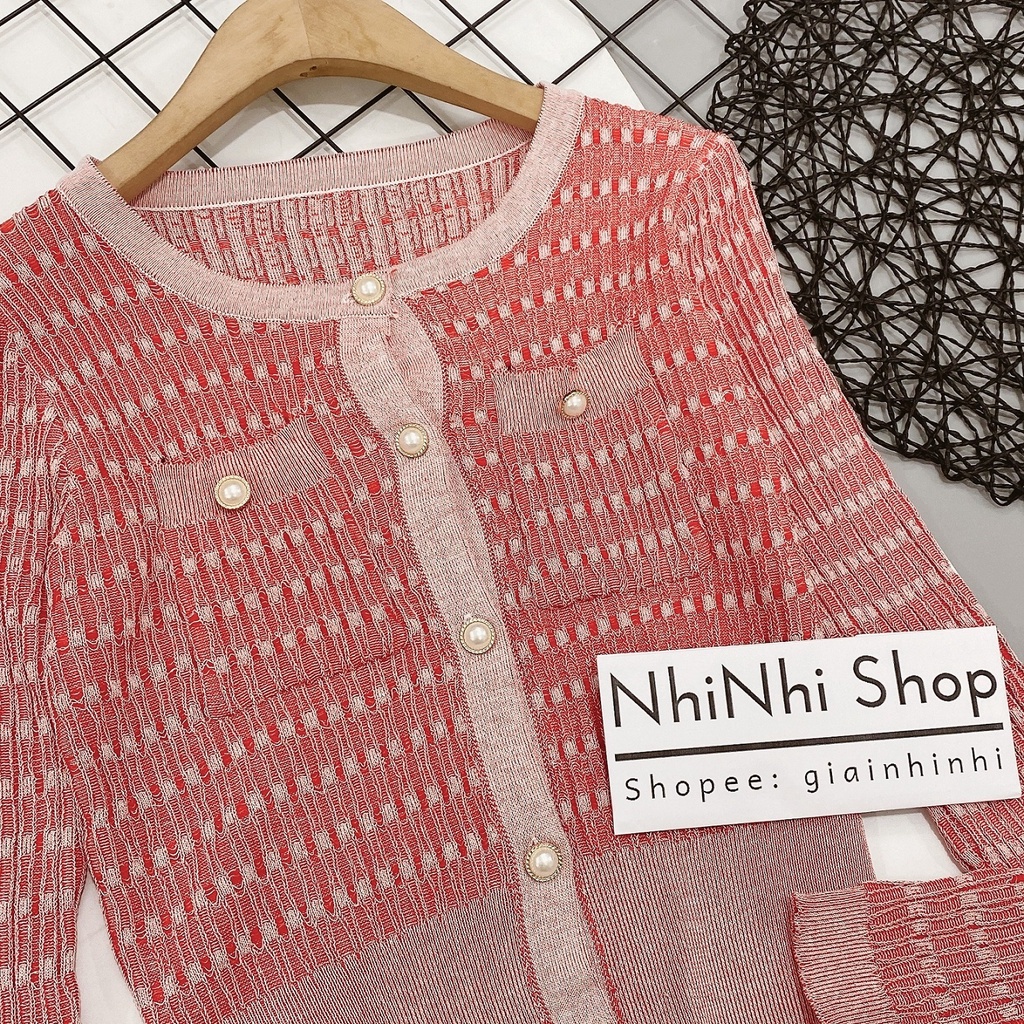 Áo len kẻ màu hồng túi ngực, Khoác len dài tay dáng ôm AL9018 - NhiNhi Shop